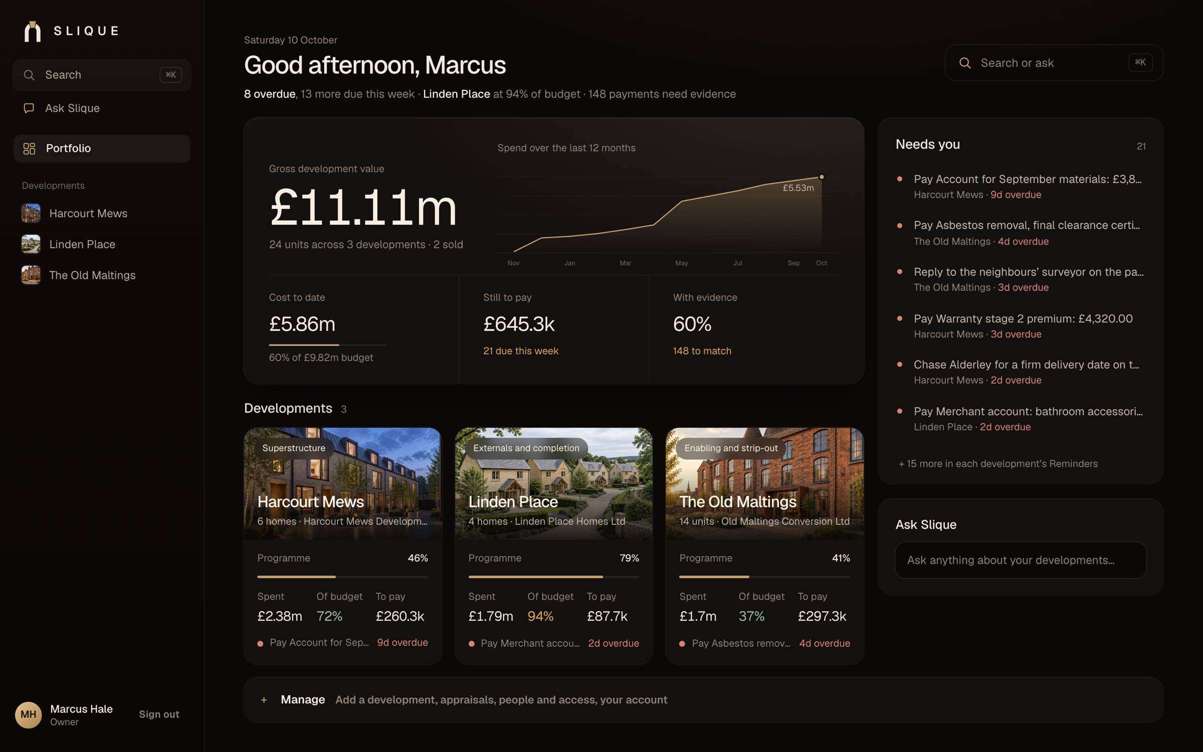 Slique's portfolio page: sales value, spend, cost to date against budget and three developments with photos