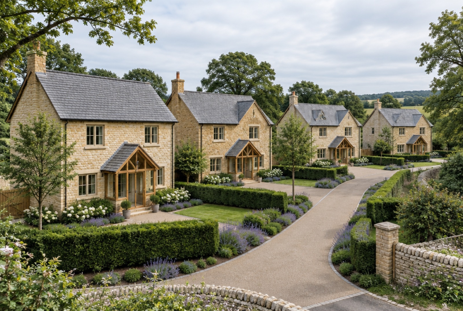 Finished stone houses on a development