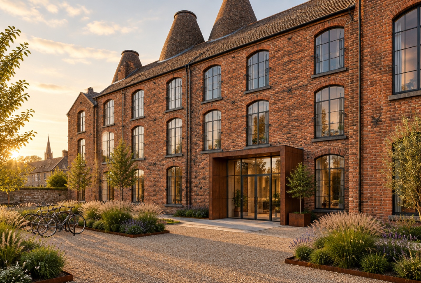 A converted maltings at golden hour